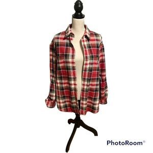 Eddie Bauer Red Black Gold Cream Plaid Long Sleeve Shirt Shacket Men’s Large